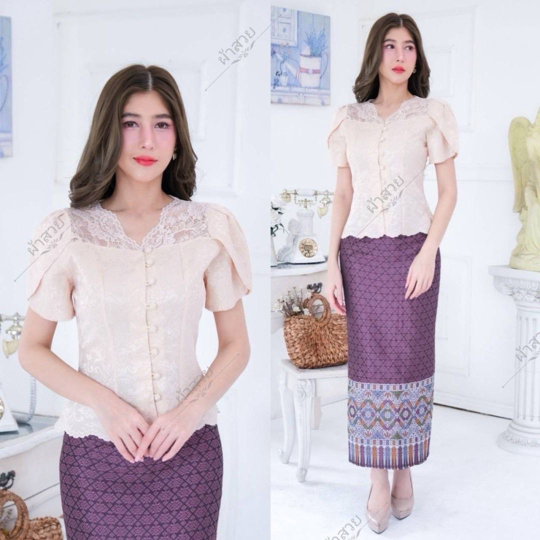 Elegant Thai/Laos Silk Skirt & Lace or Silk Blouse Set - Traditional Thai Clothing (2-Piece Outfit), Chest 32"-46", Skirt Free Size 24"-44"