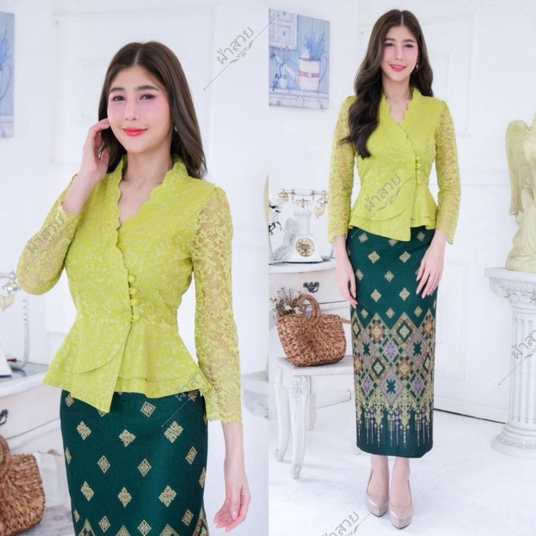 Elegant Thai/Laos Silk Skirt & Lace or Silk Blouse Set - Traditional Thai Clothing (2-Piece Outfit), Chest 32"-46", Skirt Free Size 24"-44"