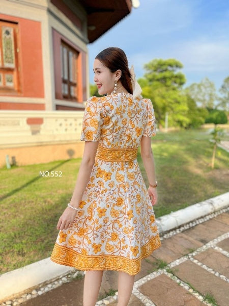 Yellow Patten Dress for Women | V-Neck, 8-Piece Flared Skirt, Hidden Zipper, Sizes S-5XL (N552)