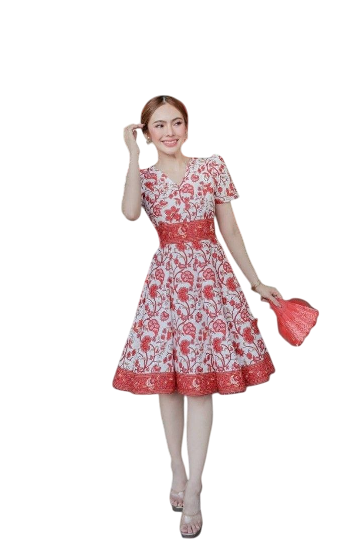 Red & White Patten Dress for Women | V-Neck, 8-Piece Flared Skirt, Hidden Zipper, Sizes S-5XL (N552)