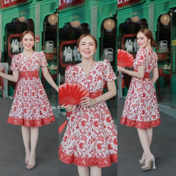 Red & White Patten Dress for Women | V-Neck, 8-Piece Flared Skirt, Hidden Zipper, Sizes S-5XL (N552)
