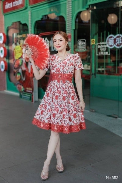 Red & White Patten Dress for Women | V-Neck, 8-Piece Flared Skirt, Hidden Zipper, Sizes S-5XL (N552)