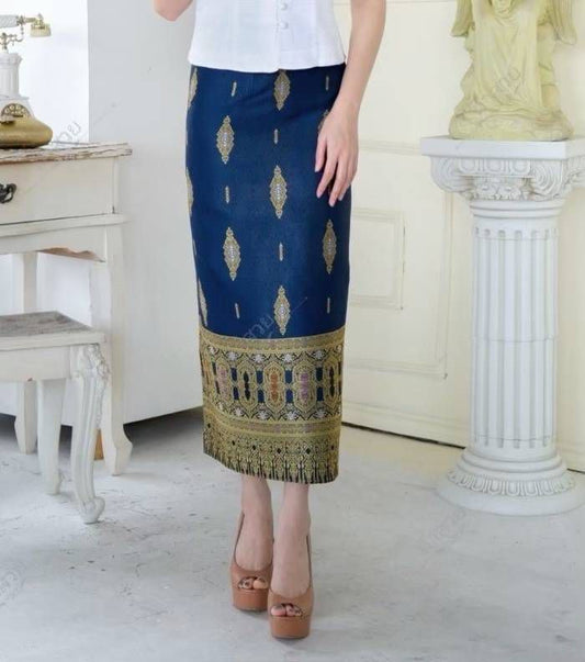 Elegant Thai/Laos Silk Skirt - Free Size Waist 24"- 44", 31-40 Traditional Thai Clothing, Thai Silk Long Skirts