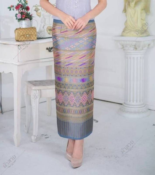 Elegant Thai/Laos Silk Skirt - Free Size Waist 24"- 44", 11-20 Traditional Thai Clothing, Thai Silk Long Skirts