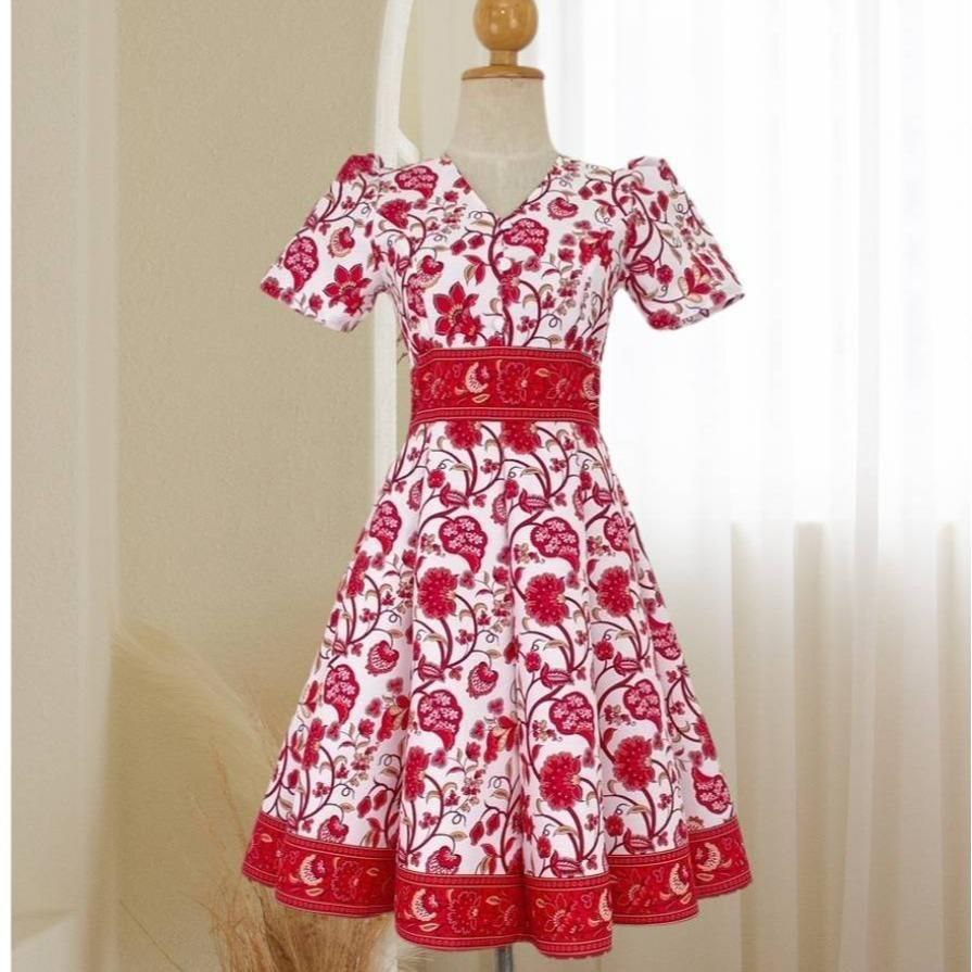 Red & White Patten Dress for Women | V-Neck, 8-Piece Flared Skirt, Hidden Zipper, Sizes S-5XL (N552)