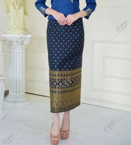 Elegant Thai/Laos Silk Skirt - Free Size Waist 24"- 44", 51-60 Traditional Thai Clothing