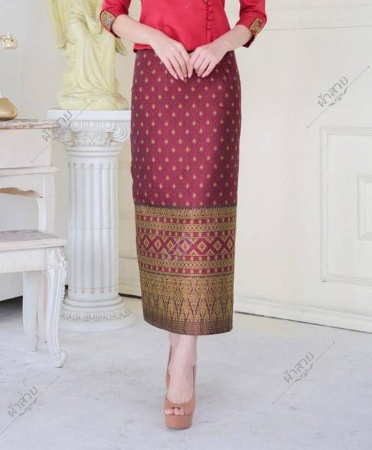 Elegant Thai/Laos Silk Skirt - Free Size Waist 24"- 44", 41-50 Traditional Thai Clothing