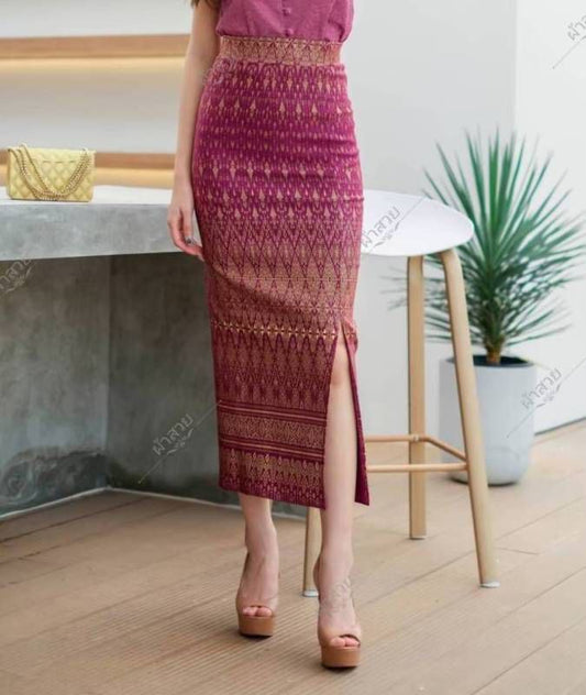 Elegant Thai Laos Silk Long Skirt with Split 24 45 Two Sizes Available Fitted Skirts Size A 25 30 Size B 30 40 Drop 35 Traditional Thai Clothing Thai Silk Skirt