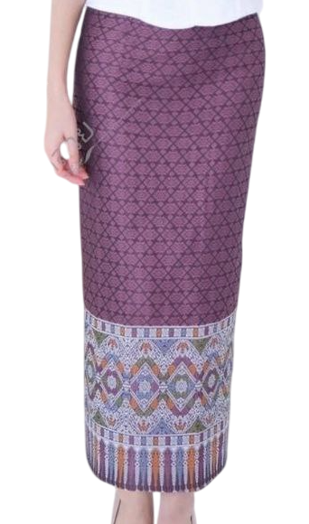 Elegant Thai/Laos Silk Skirt & Lace or Silk Blouse Set - Traditional Thai Clothing (2-Piece Outfit), Chest 32"-46", Skirt Free Size 24"-44"