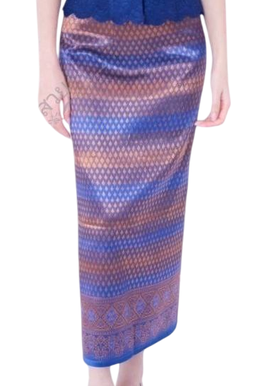 Elegant Thai/Laos Silk Skirt & Lace or Silk Blouse Set - Traditional Thai Clothing (2-Piece Outfit), Chest 32"-46", Skirt Free Size 24"-44"