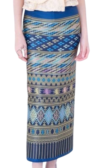 Elegant Thai/Laos Silk Skirt & Lace or Silk Blouse Set - Traditional Thai Clothing (2-Piece Outfit), Chest 32"-46", Skirt Free Size 24"-44"