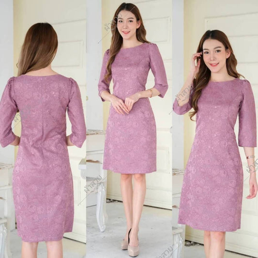 Thai Silk Lace Dress for Women, Women's Short Sleeve Floral Party Dresses for Women