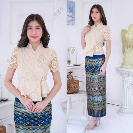 Elegant Thai/Laos Silk Skirt & Lace or Silk Blouse Set - Traditional Thai Clothing (2-Piece Outfit), Chest 32"-46", Skirt Free Size 24"-44"