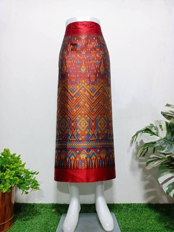 Elegant Thai/Laos Silk Long Skirt - Free Size Waist 24"- 44", 43-62 Traditional Thai Clothing, Thai Silk Skirt