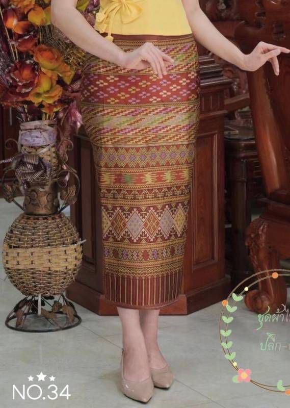 Elegant Thai/Laos Silk Skirt - Free Size Waist 24"- 44", 81-101 Traditional Thai Clothing