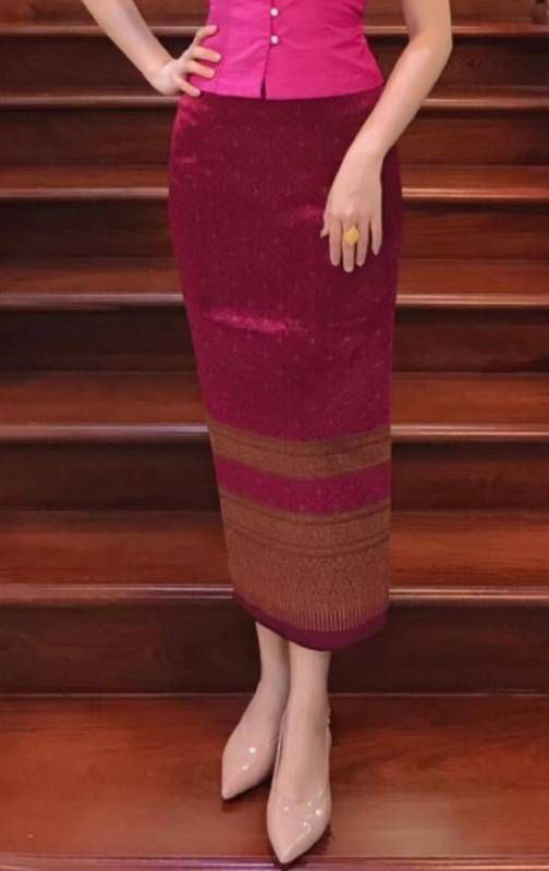 Elegant Thai/Laos Silk Skirt - Free Size Waist 24"- 44", 21-30 Traditional Thai Clothing, Thai Silk Long Skirts