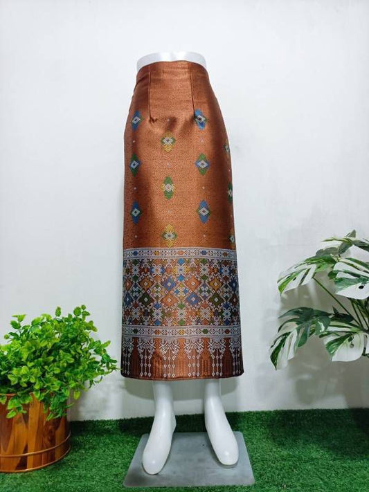 Elegant Thai/Laos Silk Long Skirt - Free Size Waist 24"- 44", 1-21 Traditional Thai Clothing, Thai Silk Skirt