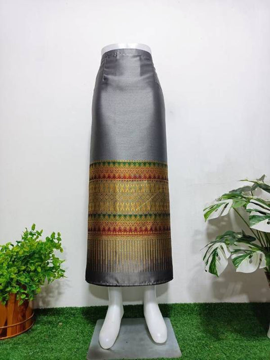 Elegant Thai/Laos Silk Long Skirt - Free Size Waist 24"- 44", 22-42 Traditional Thai Clothing, Thai Silk Skirt