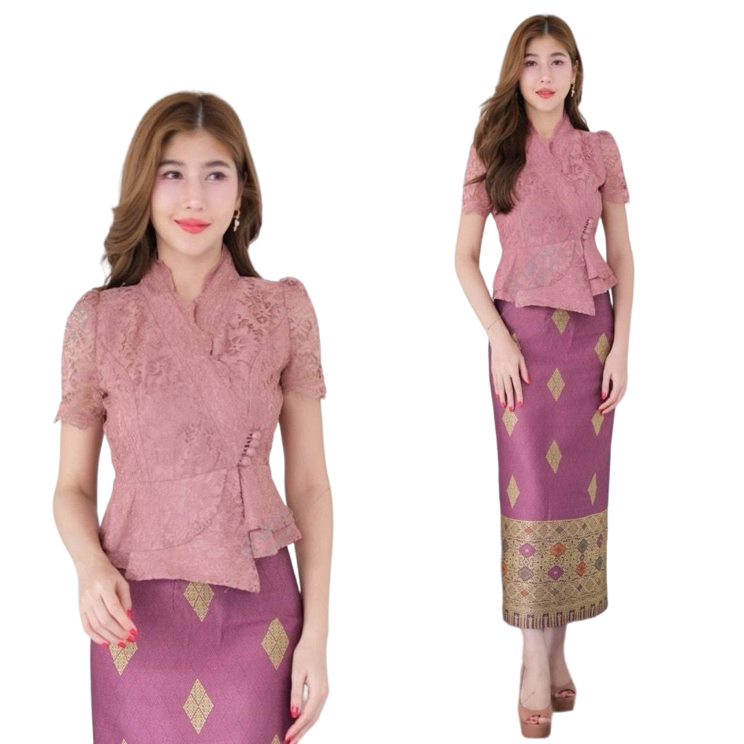 Beautiful Thai/Laos Silk Skirt & Blouse SET (2 Pieces) - SETS #05 Chest 32"- 46" Free Size Skirt 24"- 44" Thai Silk Outfits, Thai Silk Long Skirts