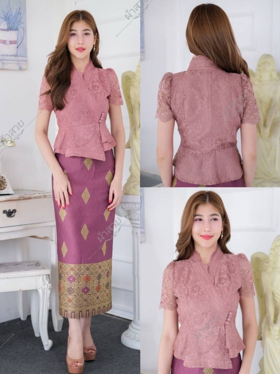 Beautiful Thai/Laos Silk Skirt & Blouse SET (2 Pieces) - SETS #05 Chest 32"- 46" Free Size Skirt 24"- 44" Thai Silk Outfits, Thai Silk Long Skirts