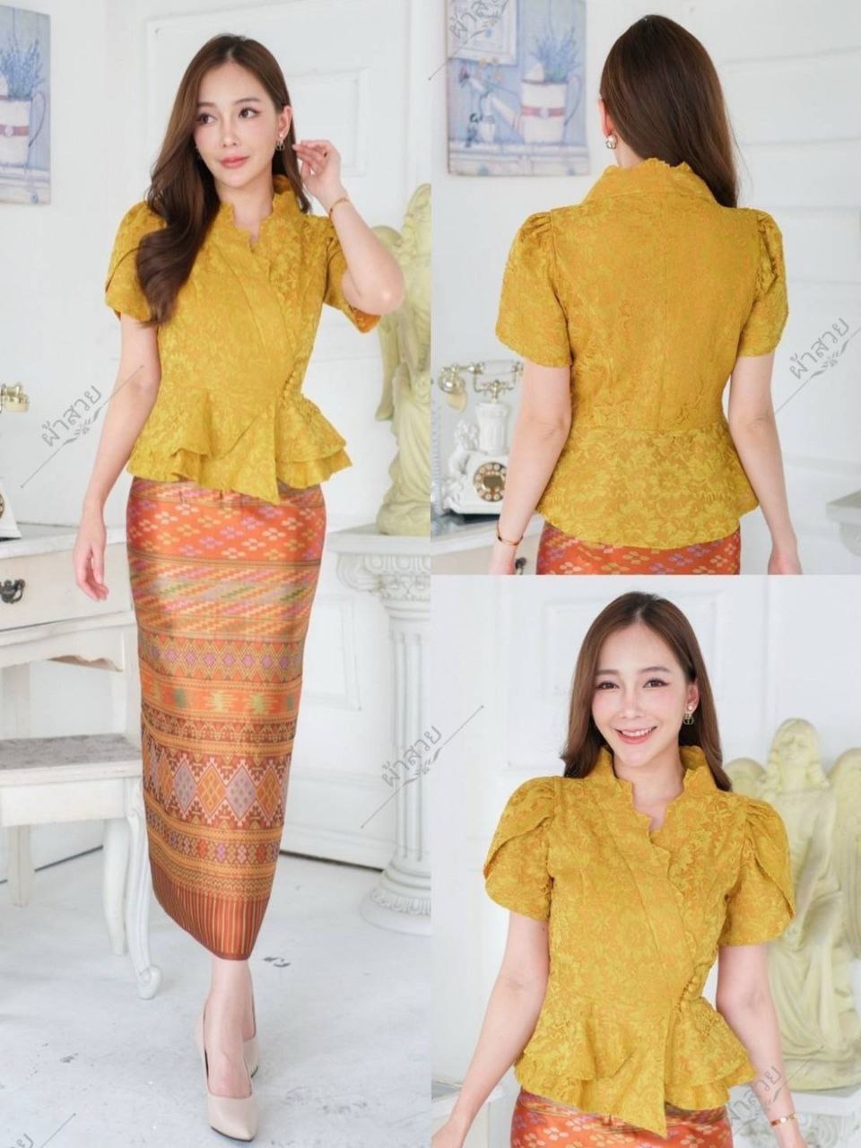 Beautiful Thai/Laos Silk Skirt & Blouse SET (2 Pieces) - SETS #05 Chest 32"- 46" Free Size Skirt 24"- 44" Thai Silk Outfits, Thai Silk Long Skirts