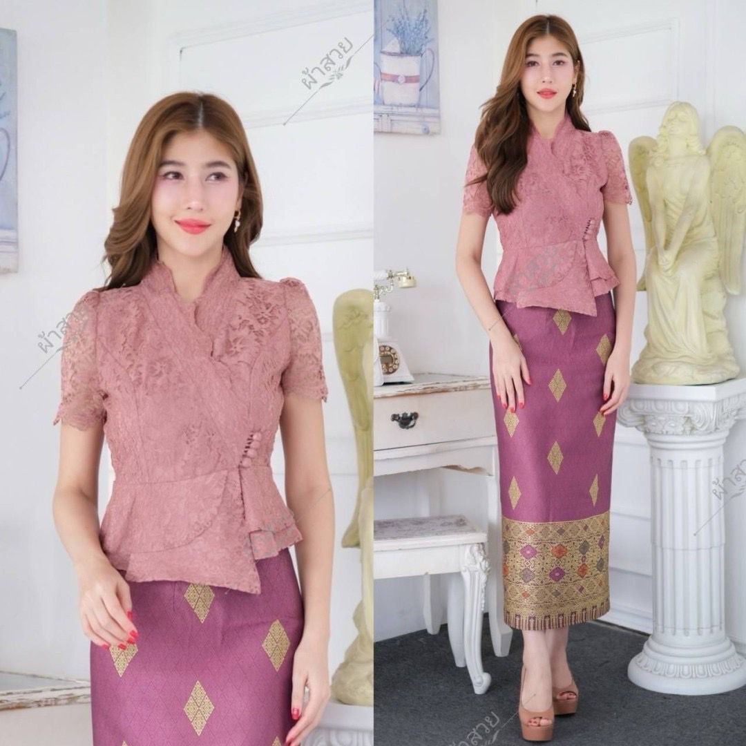 Beautiful Thai/Laos Silk Skirt & Blouse SET (2 Pieces) - SETS #05 Chest 32"- 46" Free Size Skirt 24"- 44" Thai Silk Outfits, Thai Silk Long Skirts