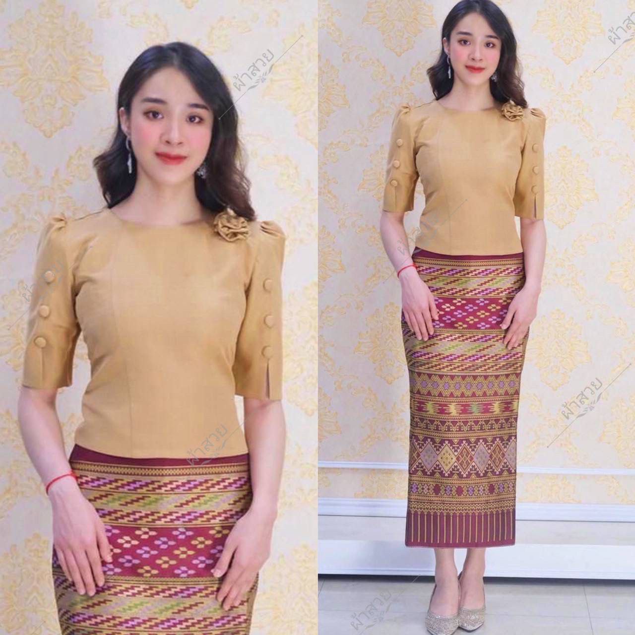 Thai/Laos Silk Skirt & Blouse Short Sleeve SET (2 Pieces) - Sets Style #46-1 Chest 32"- 46". Plus Free Size Skirt 24"- 44" Elegant Thai Silk