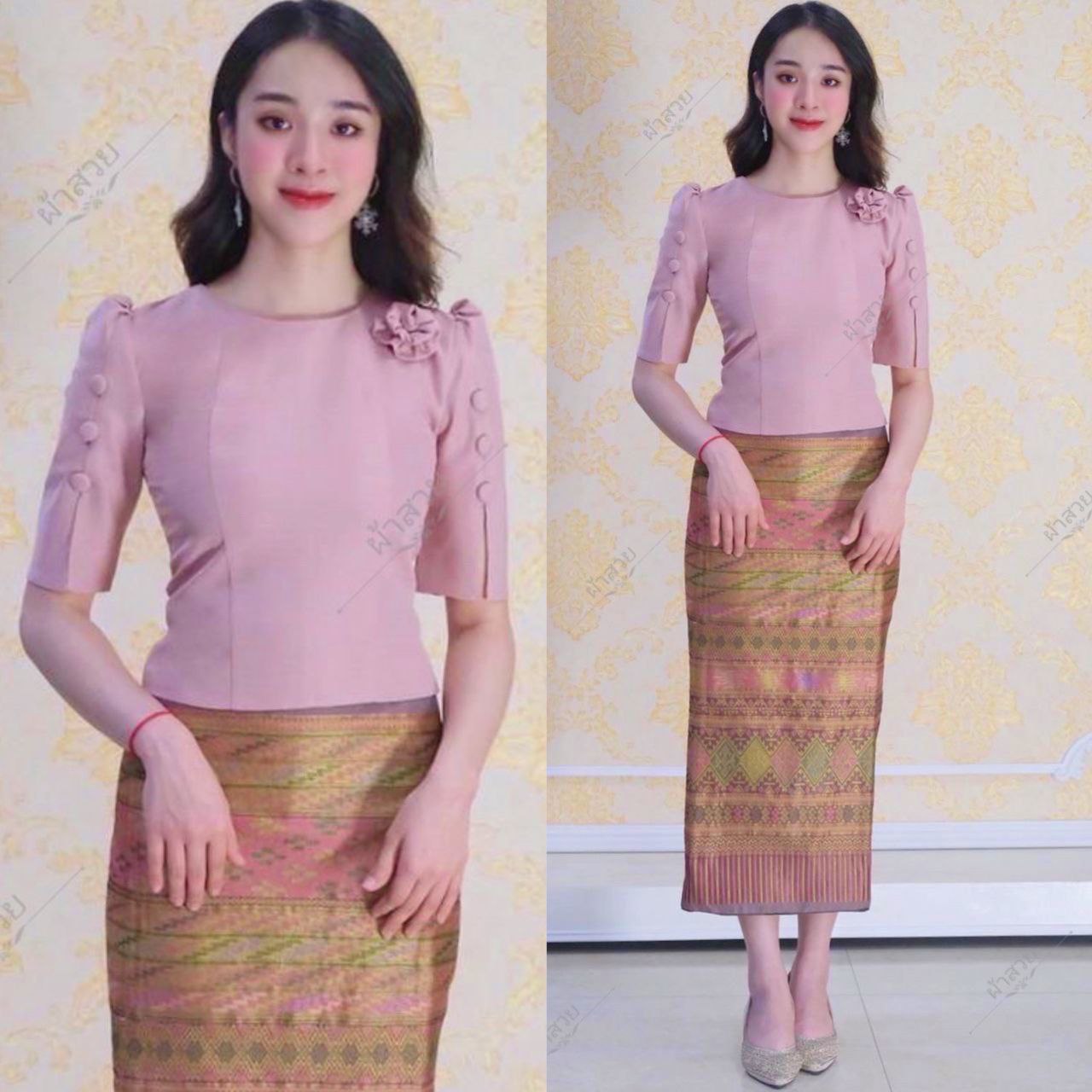 Thai/Laos Silk Skirt & Blouse Short Sleeve SET (2 Pieces) - Sets Style #46-1 Chest 32"- 46". Plus Free Size Skirt 24"- 44" Elegant Thai Silk