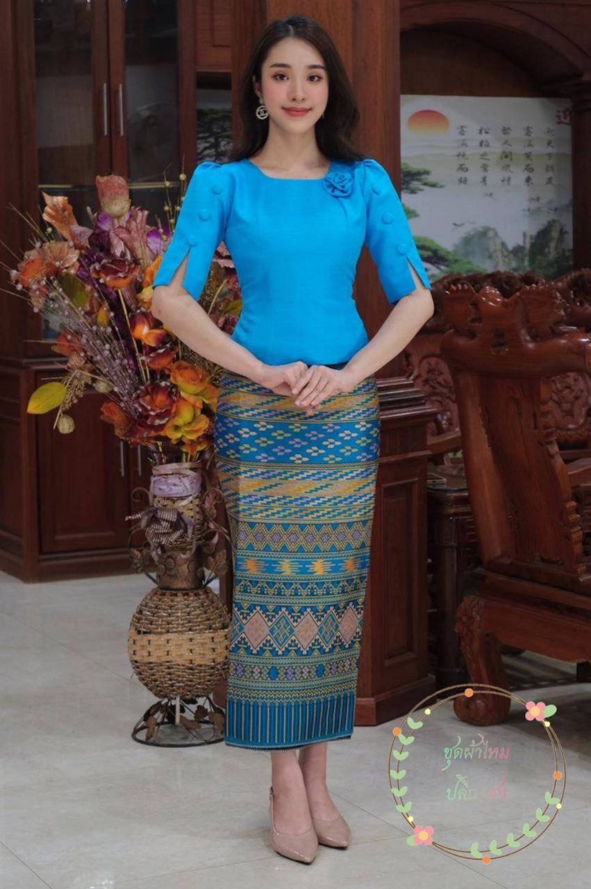 Thai/Laos Silk Skirt & Blouse Short Sleeve SET (2 Pieces) - Sets Style #46-1 Chest 32"- 46". Plus Free Size Skirt 24"- 44" Elegant Thai Silk