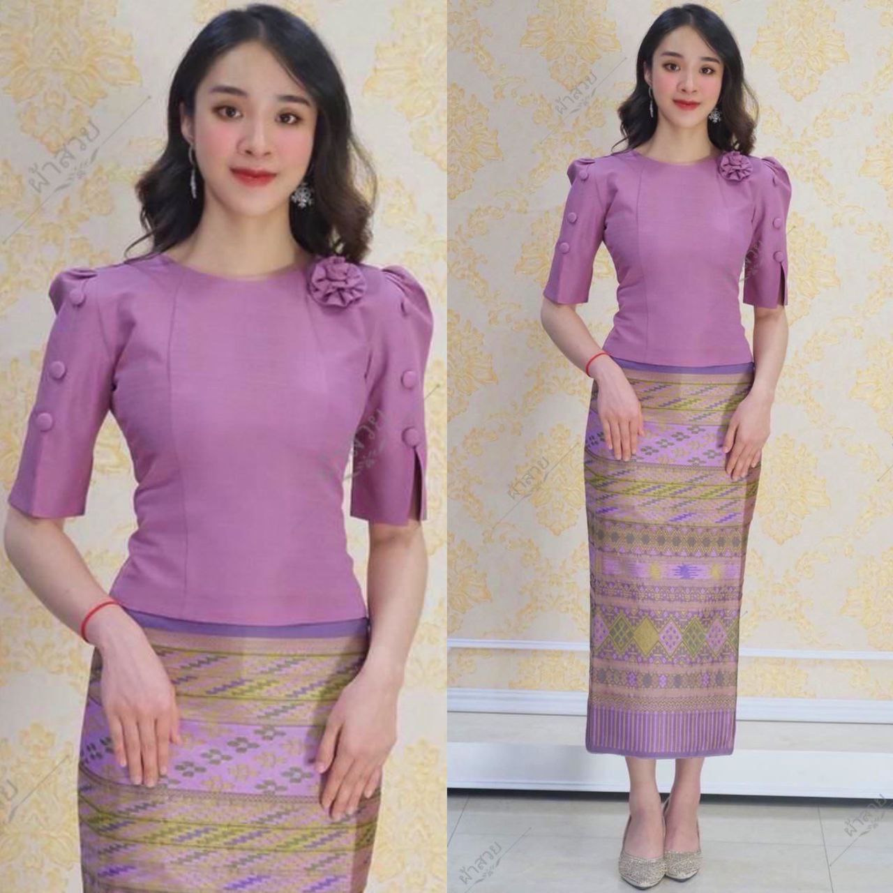 Thai/Laos Silk Skirt & Blouse Short Sleeve SET (2 Pieces) - Sets Style #46-1 Chest 32"- 46". Plus Free Size Skirt 24"- 44" Elegant Thai Silk