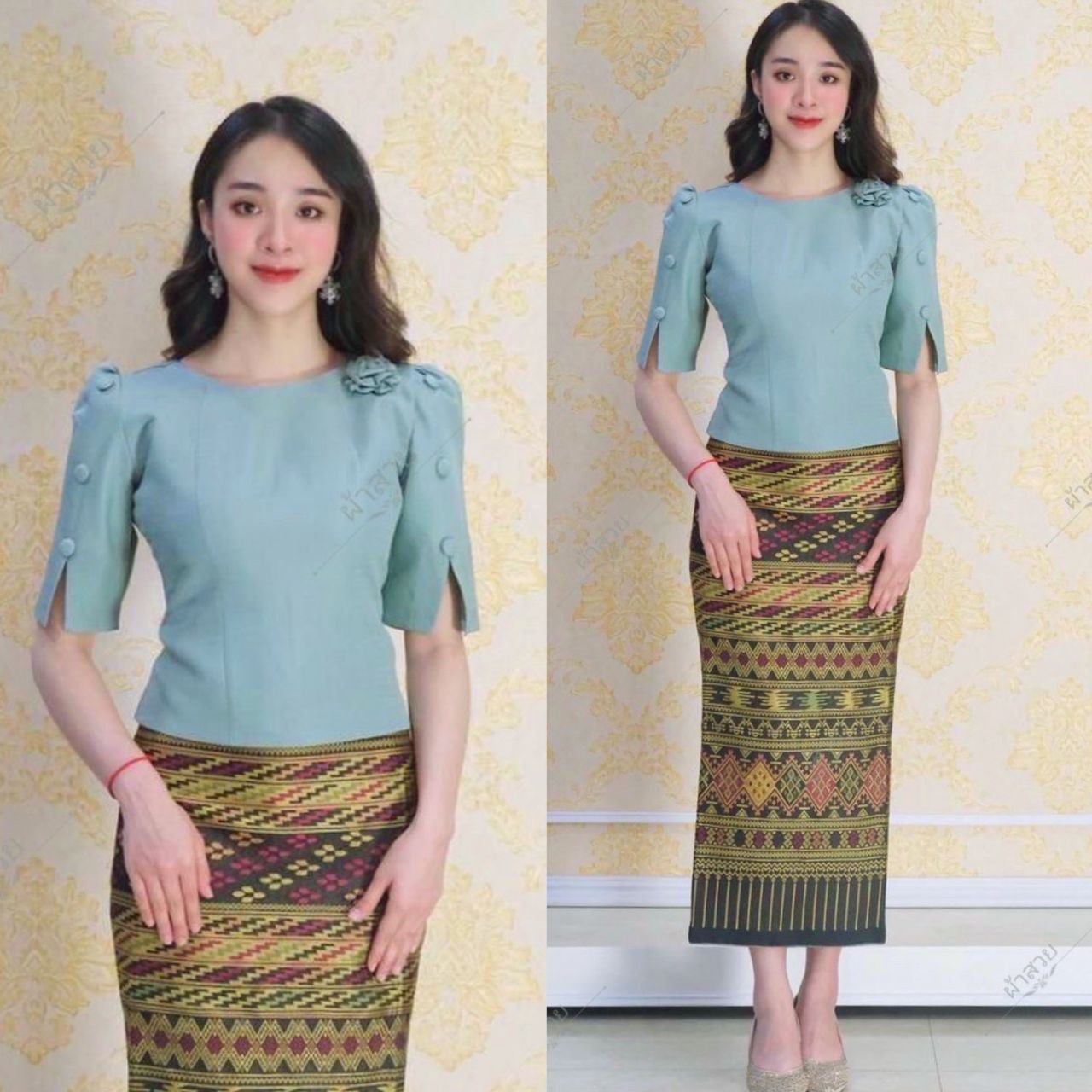 Thai/Laos Silk Skirt & Blouse Short Sleeve SET (2 Pieces) - Sets Style #46-1 Chest 32"- 46". Plus Free Size Skirt 24"- 44" Elegant Thai Silk