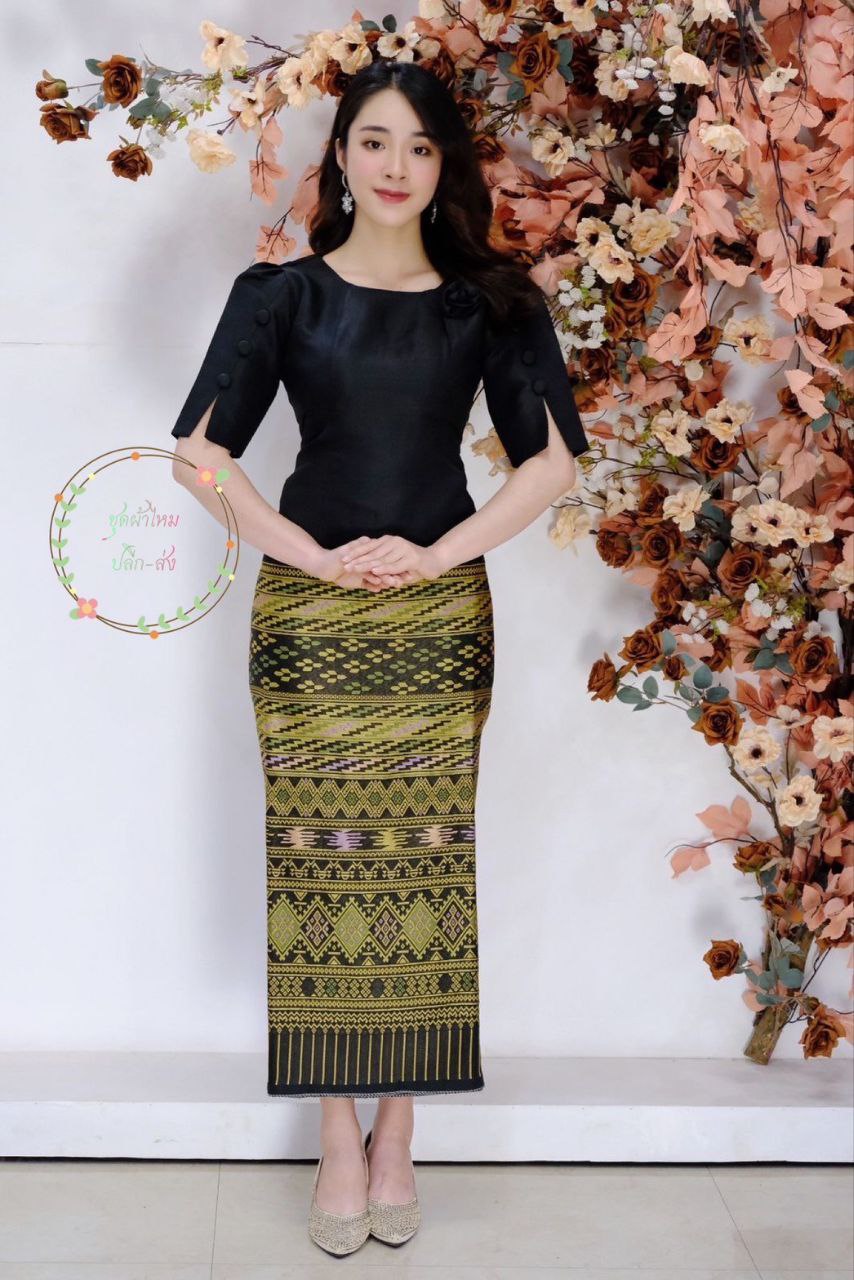 Thai/Laos Silk Skirt & Blouse Short Sleeve SET (2 Pieces) - Sets Style #46-1 Chest 32"- 46". Plus Free Size Skirt 24"- 44" Elegant Thai Silk